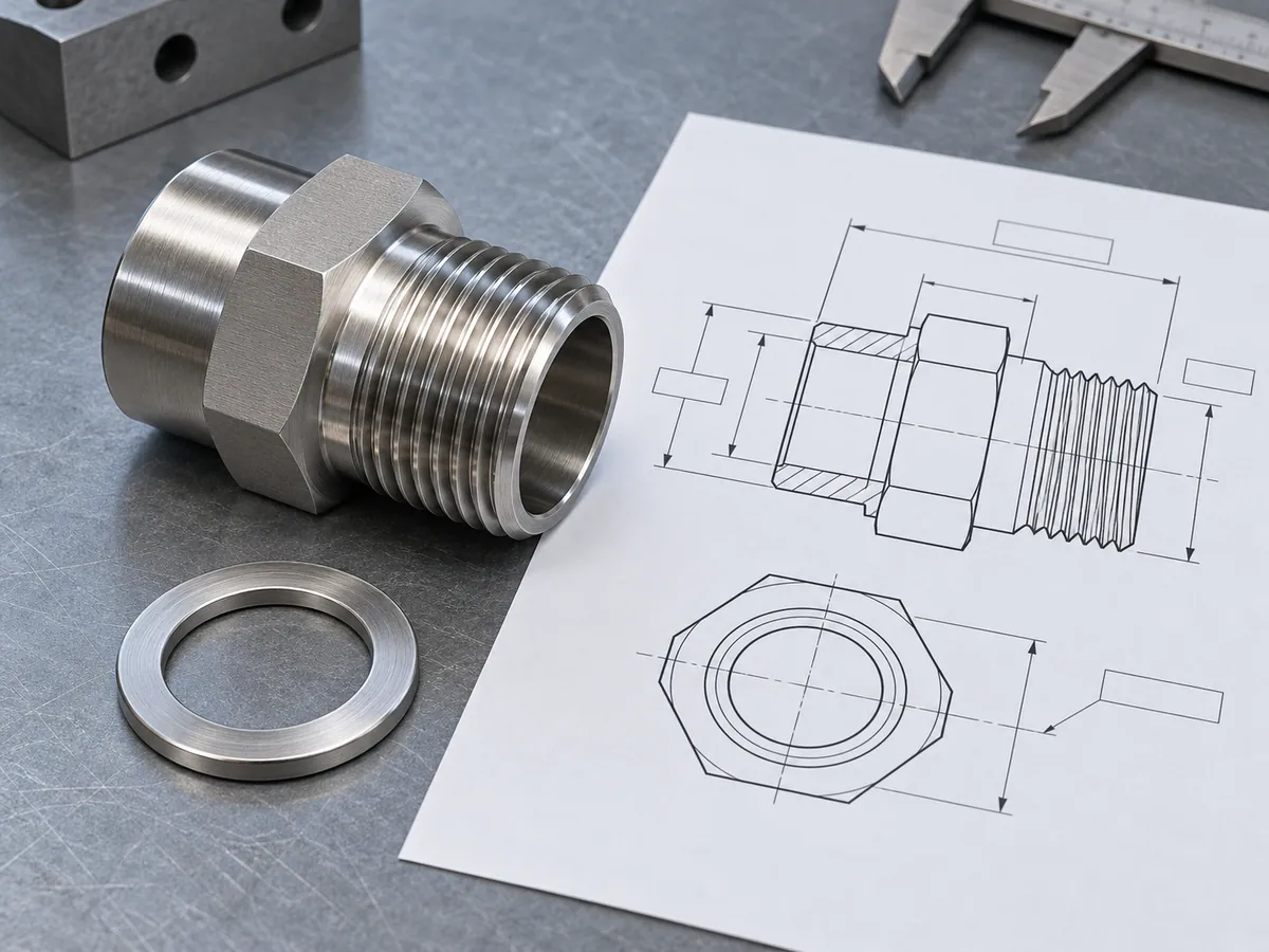 Illustrative threaded CNC adapter and sealing washer beside a drawing with blank callouts