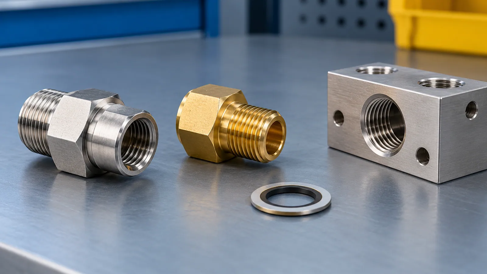 Illustrative CNC threaded connectors, adapter, and port block arranged for connection planning