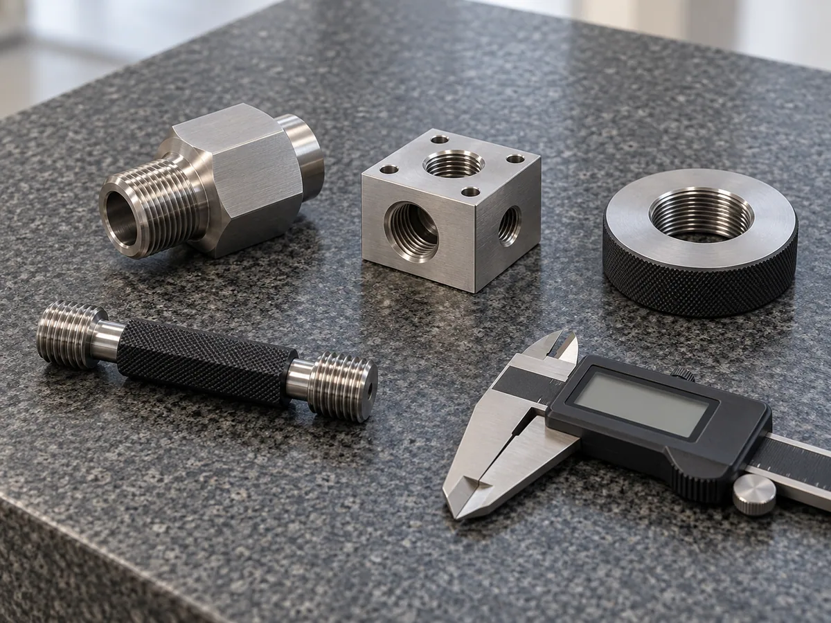 Illustrative threaded components with plug and ring gauges resting separately on an inspection bench
