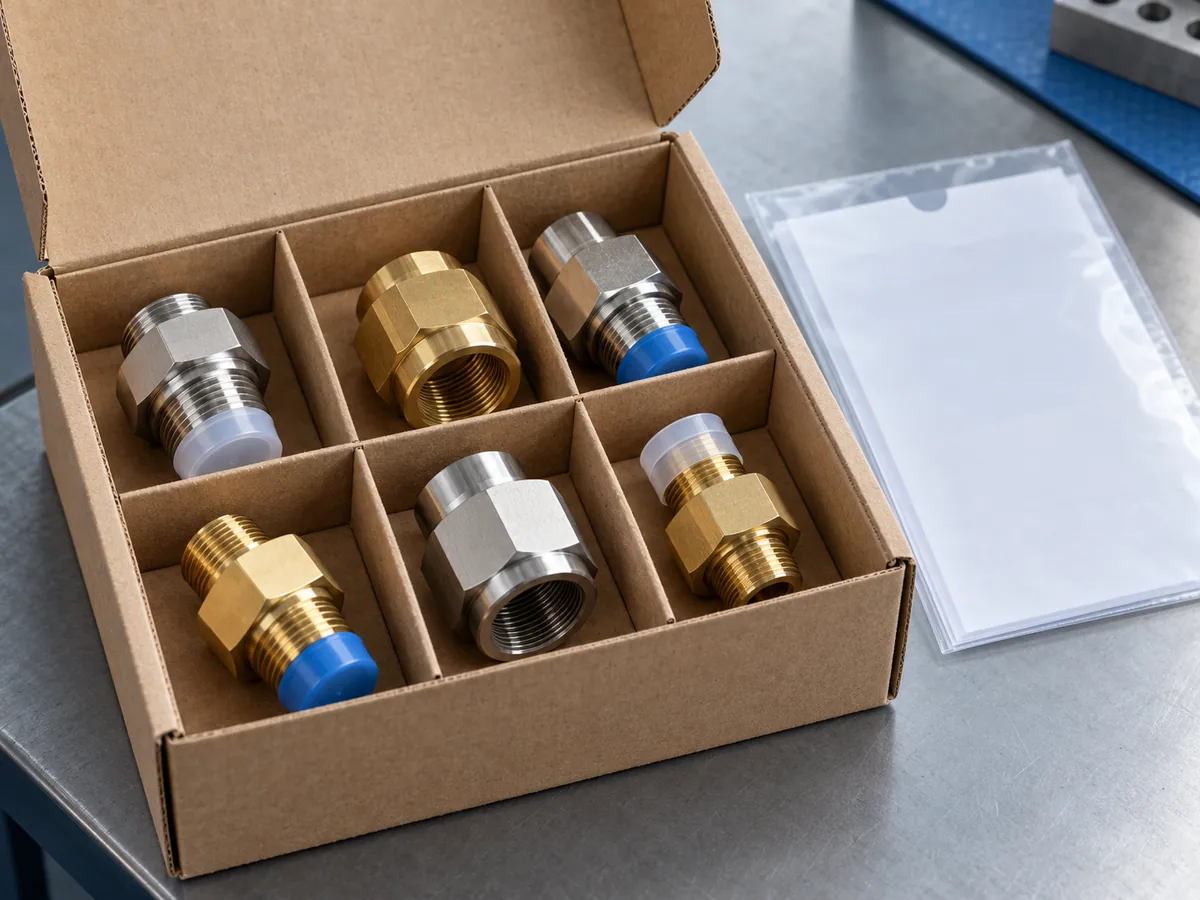 Illustrative threaded connectors separated in protective packaging with some ends capped