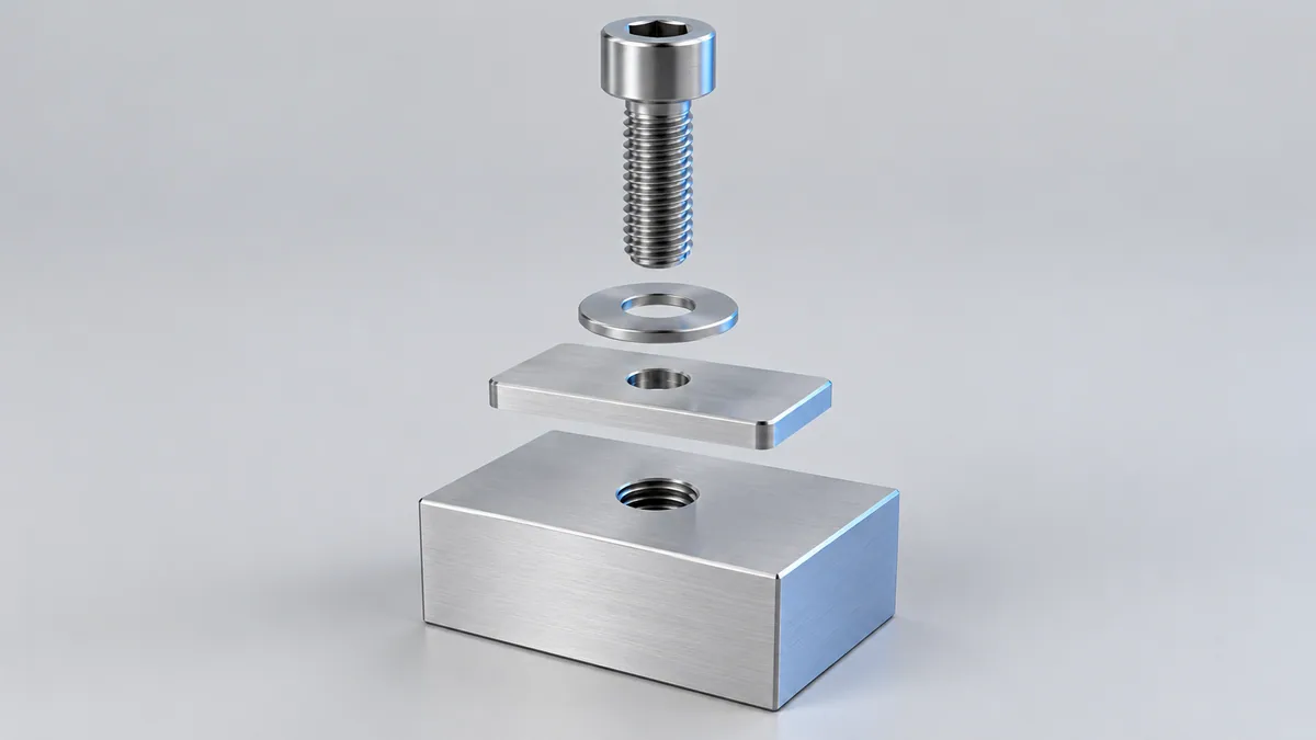 Illustrative exploded mounting assembly with a screw, washer, bracket, and tapped base block
