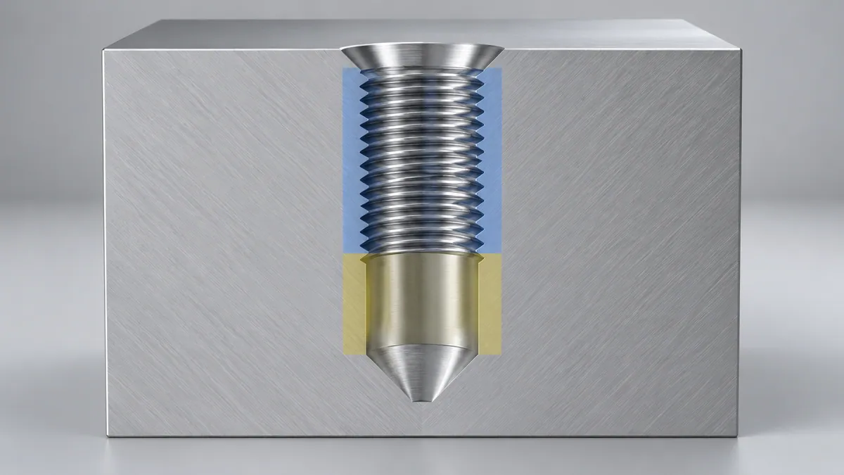 Illustrative sectioned blind tapped hole with colored bands distinguishing threaded length and unthreaded clearance