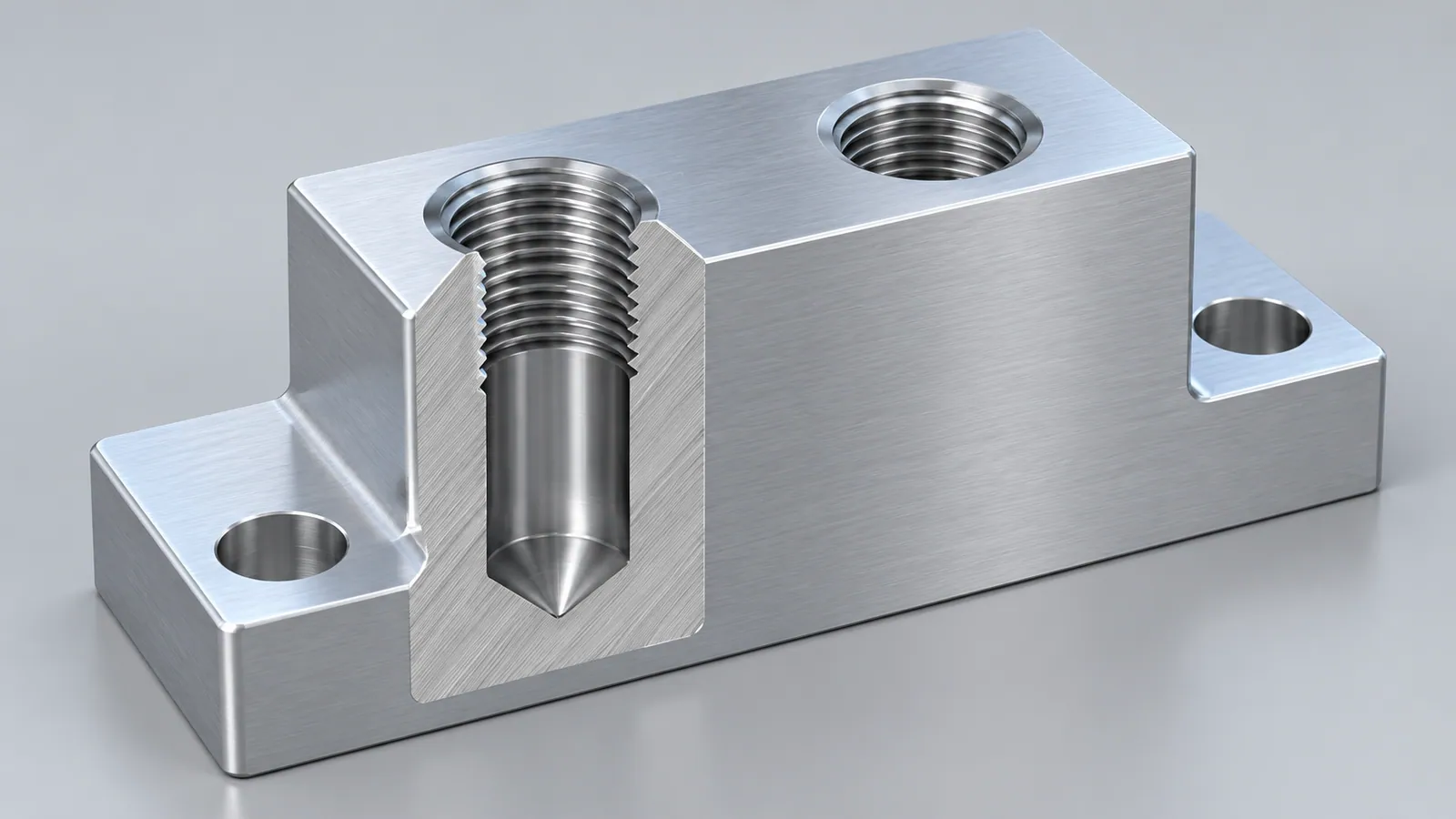 Illustrative cutaway of a machined mounting block showing internal threads and deeper drill clearance