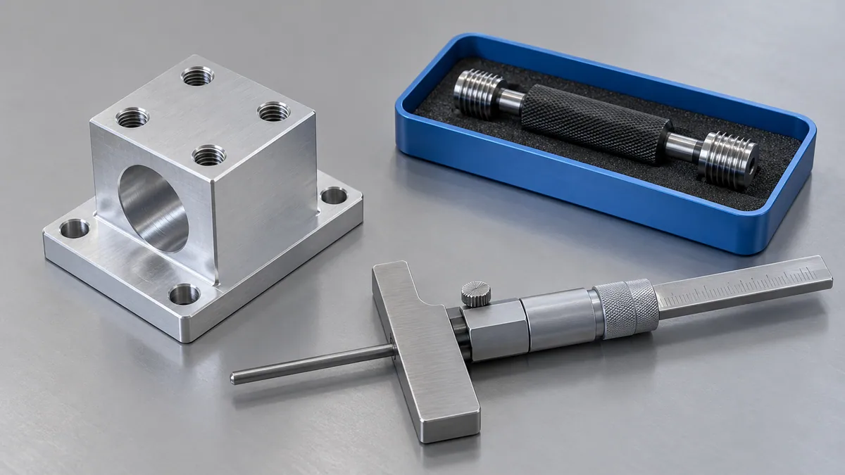 Illustrative machined mounting block with a depth measuring tool and thread plug gauge resting separately