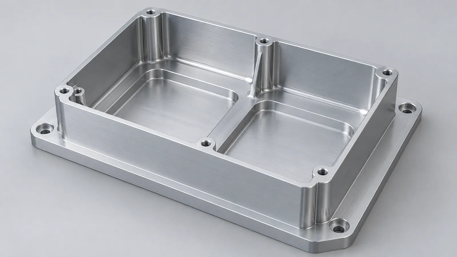 Illustrative aluminum CNC housing with thin walls, pockets, ribs, and a broad mounting flange