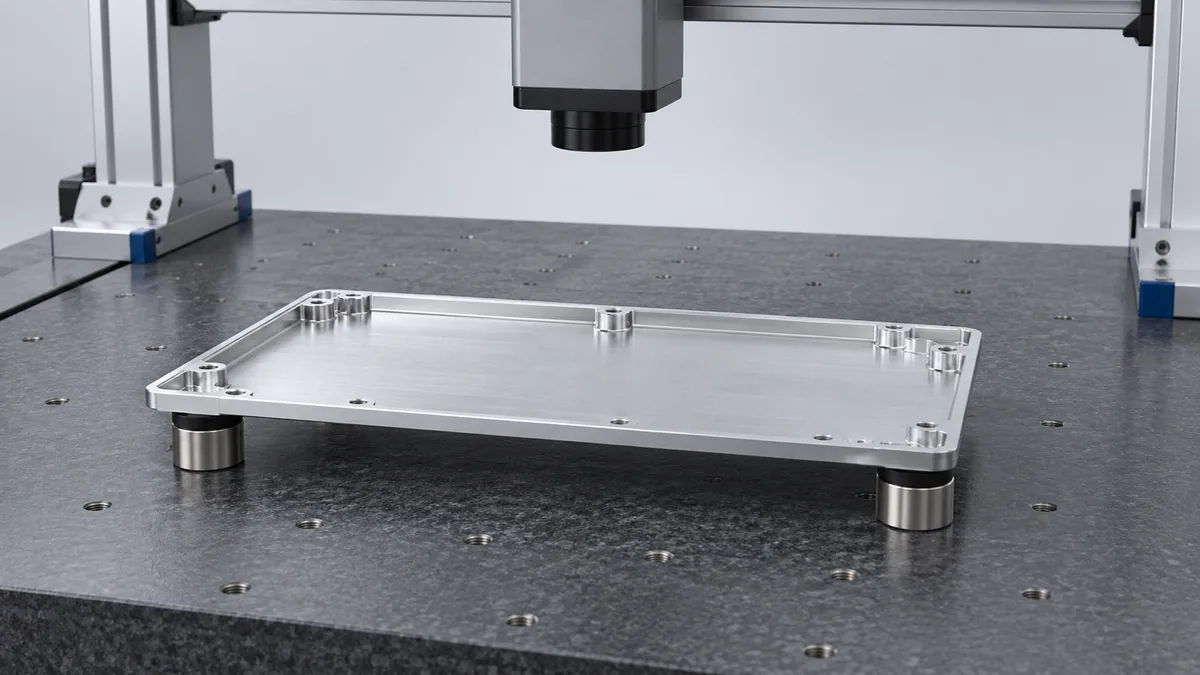 Illustrative machined aluminum cover resting on three support pads below a non-contact measuring sensor