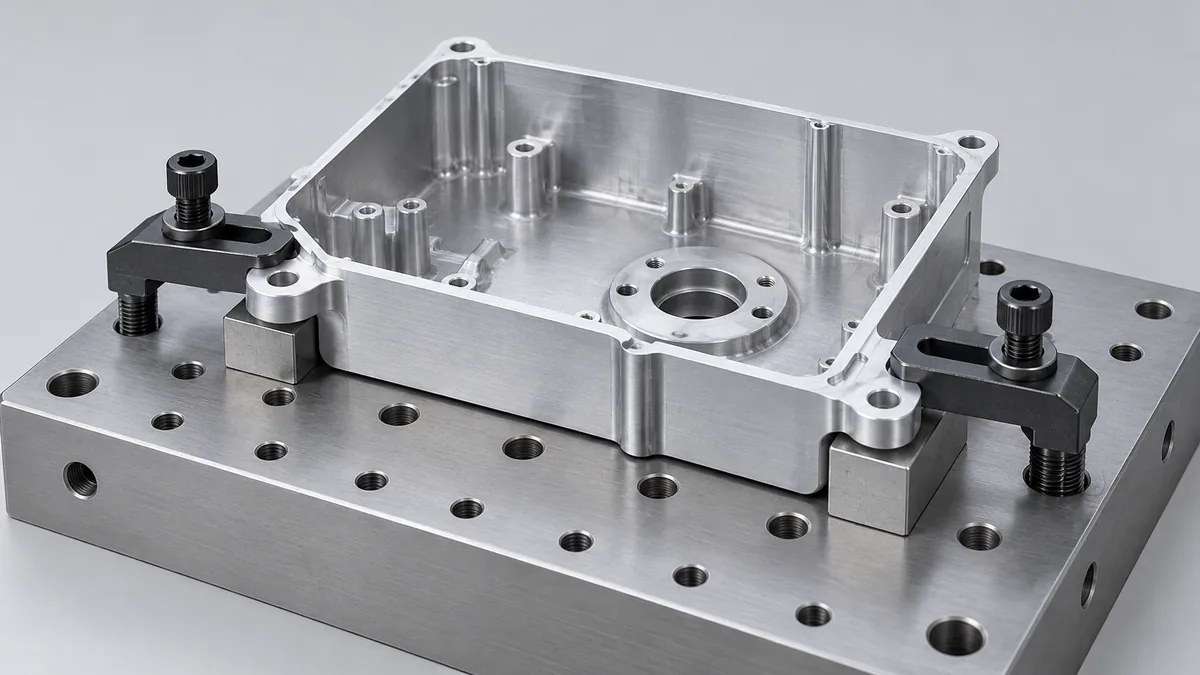 Illustrative thin-wall housing held by clamps at its thick flange with support pads underneath