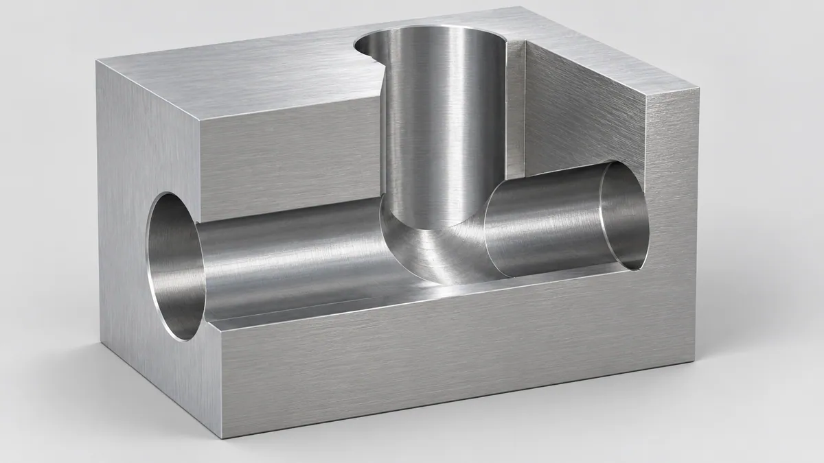 Illustrative cutaway metal block showing two perpendicular bores and their internal intersection