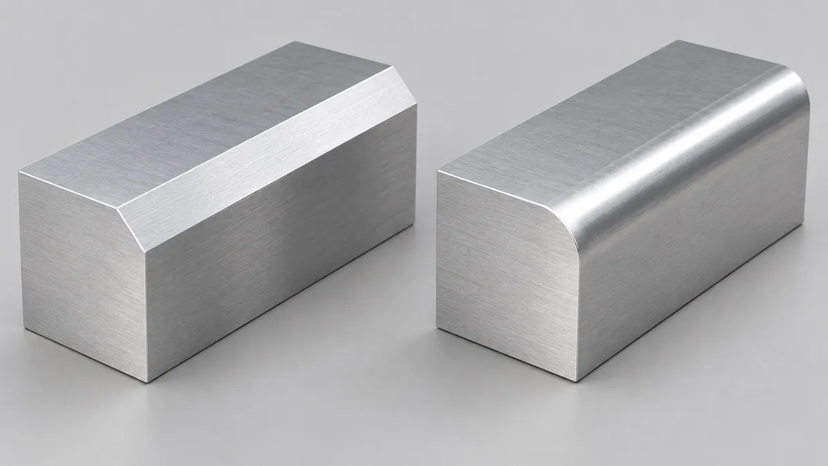 Illustrative machined coupons showing a flat beveled edge beside a smoothly rounded edge