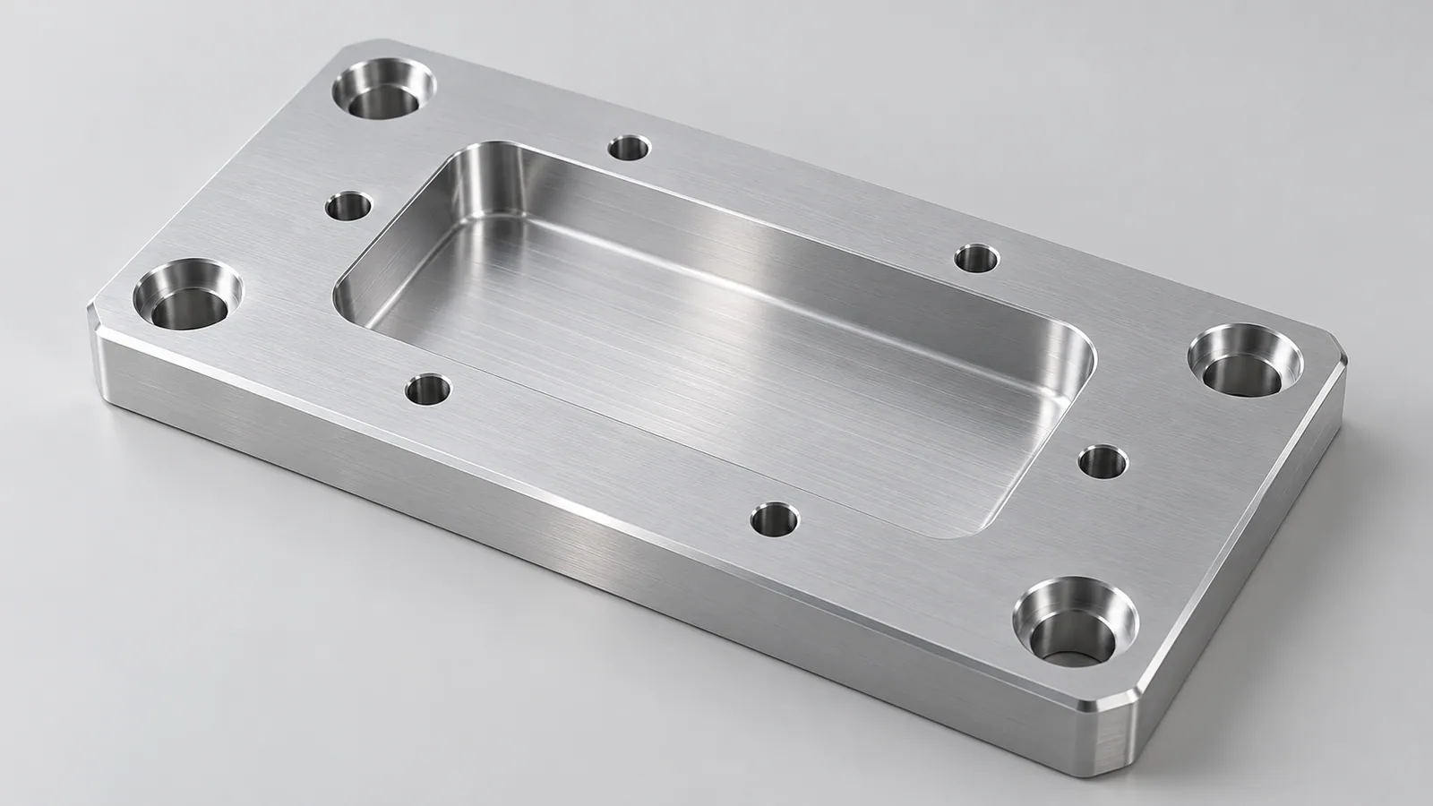 Illustrative CNC aluminum plate with machined pockets, drilled holes, and visible edge treatments