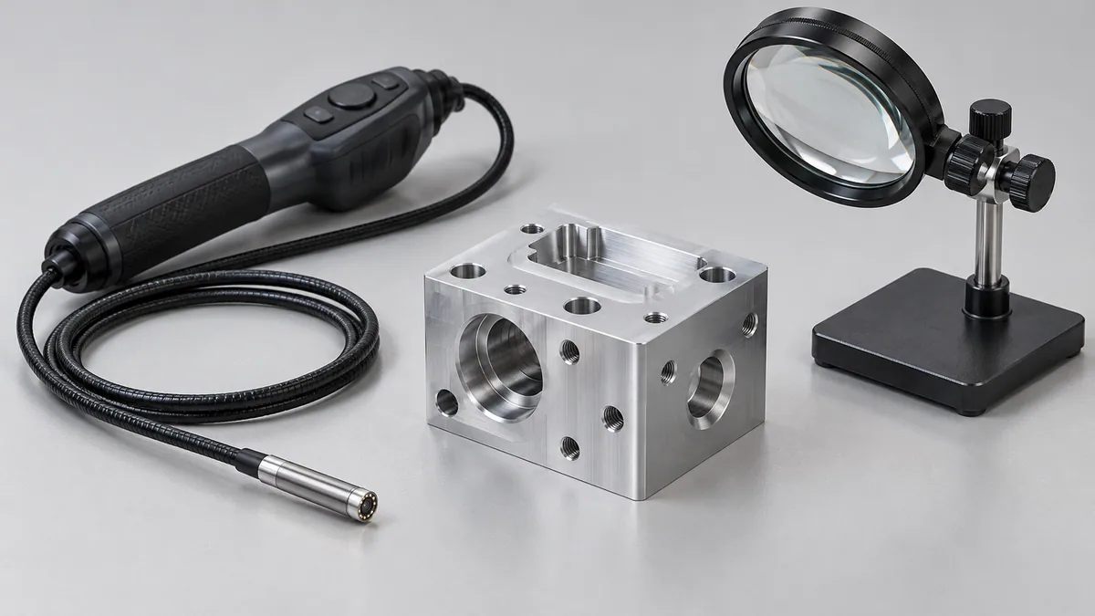 Illustrative machined component beside a borescope camera and inspection lens on a clean bench
