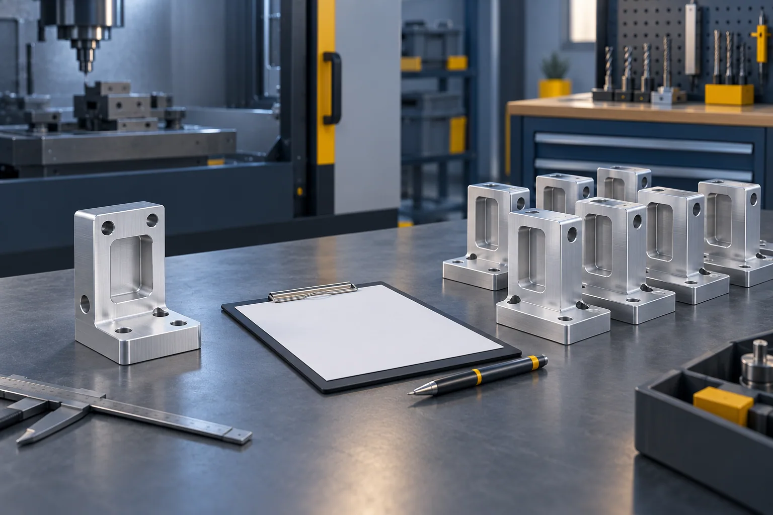AI illustration of a single machined aluminum bracket and a repeat batch arranged around a planning clipboard