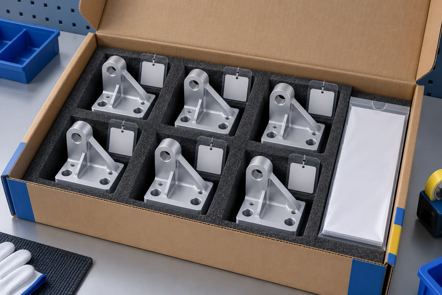 AI illustration of six generic aluminum brackets protected in separate foam compartments with blank identification tags