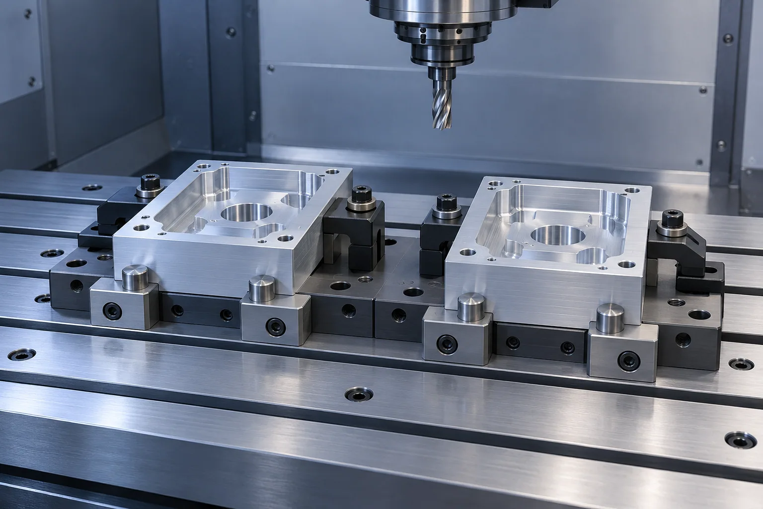 AI illustration of two pocketed aluminum blocks located and clamped on a modular CNC fixture