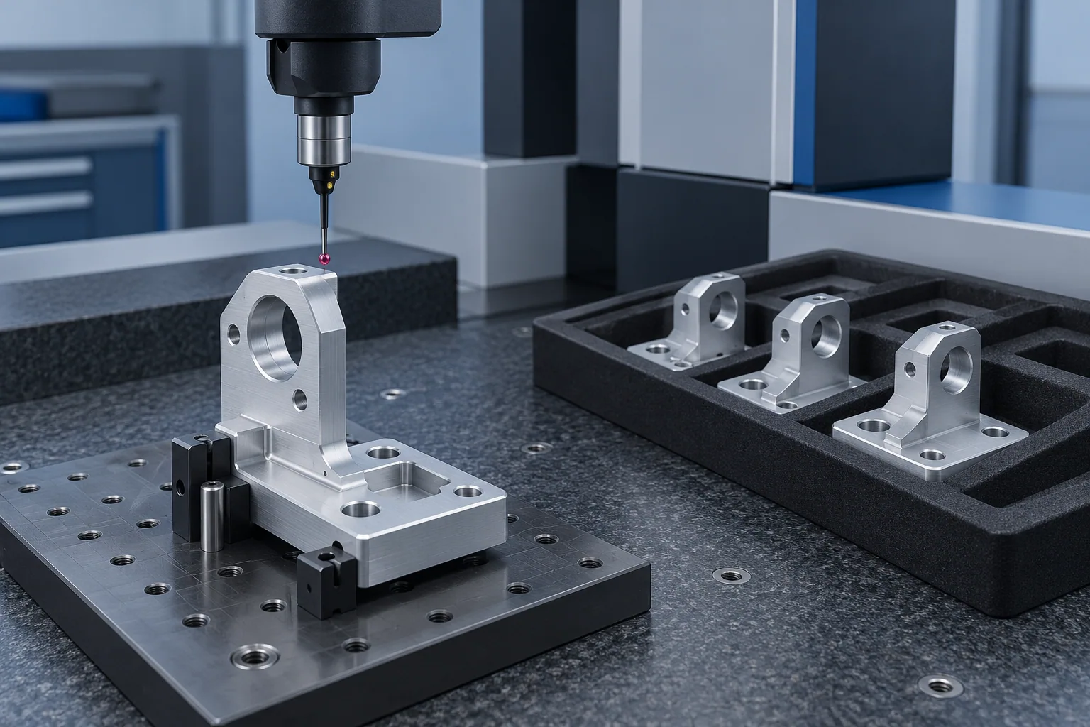 AI illustration of a CMM probe approaching a machined bracket with additional parts separated in a tray
