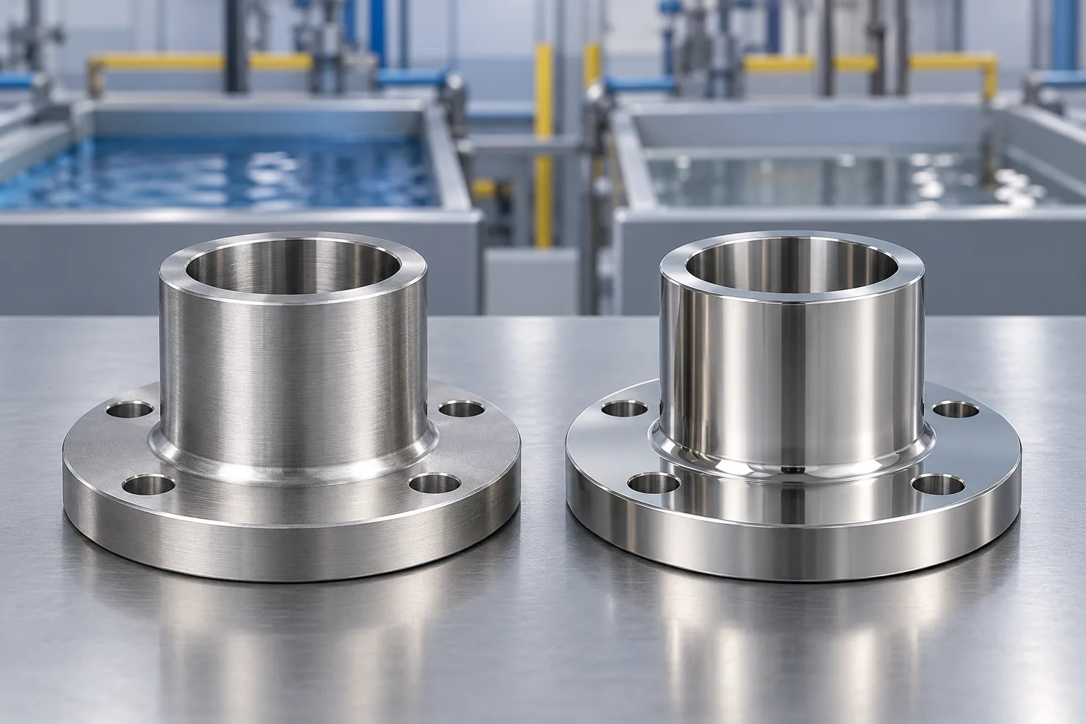 AI illustration of two generic stainless steel flanged sleeves with satin and reflective surfaces