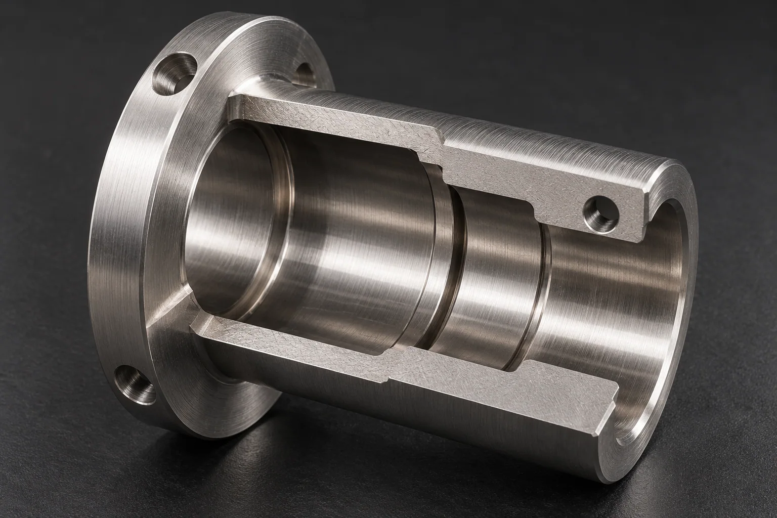 AI cutaway illustration of a stainless steel flanged sleeve showing a stepped bore and small cross-hole