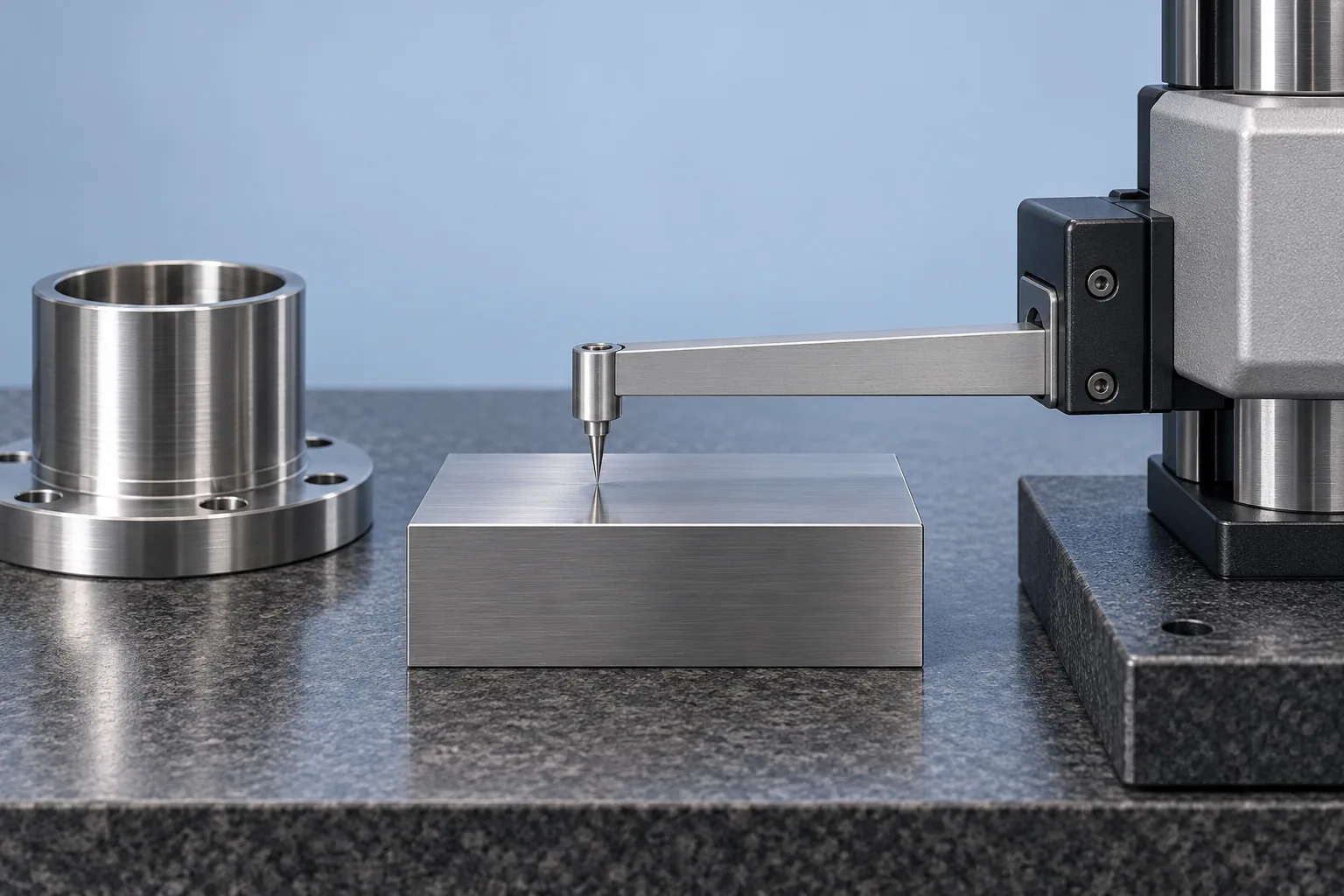 AI illustration of a pointed contact stylus above a flat stainless steel sample with a sleeve alongside