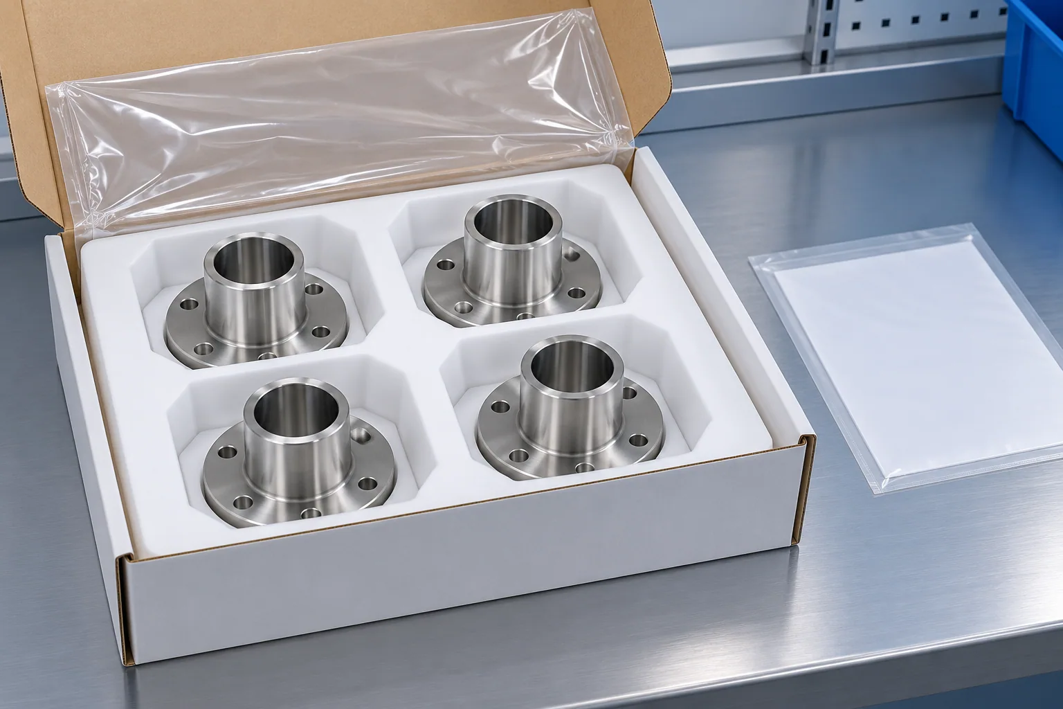 AI illustration of four stainless steel flanged sleeves separated in protective white tray pockets