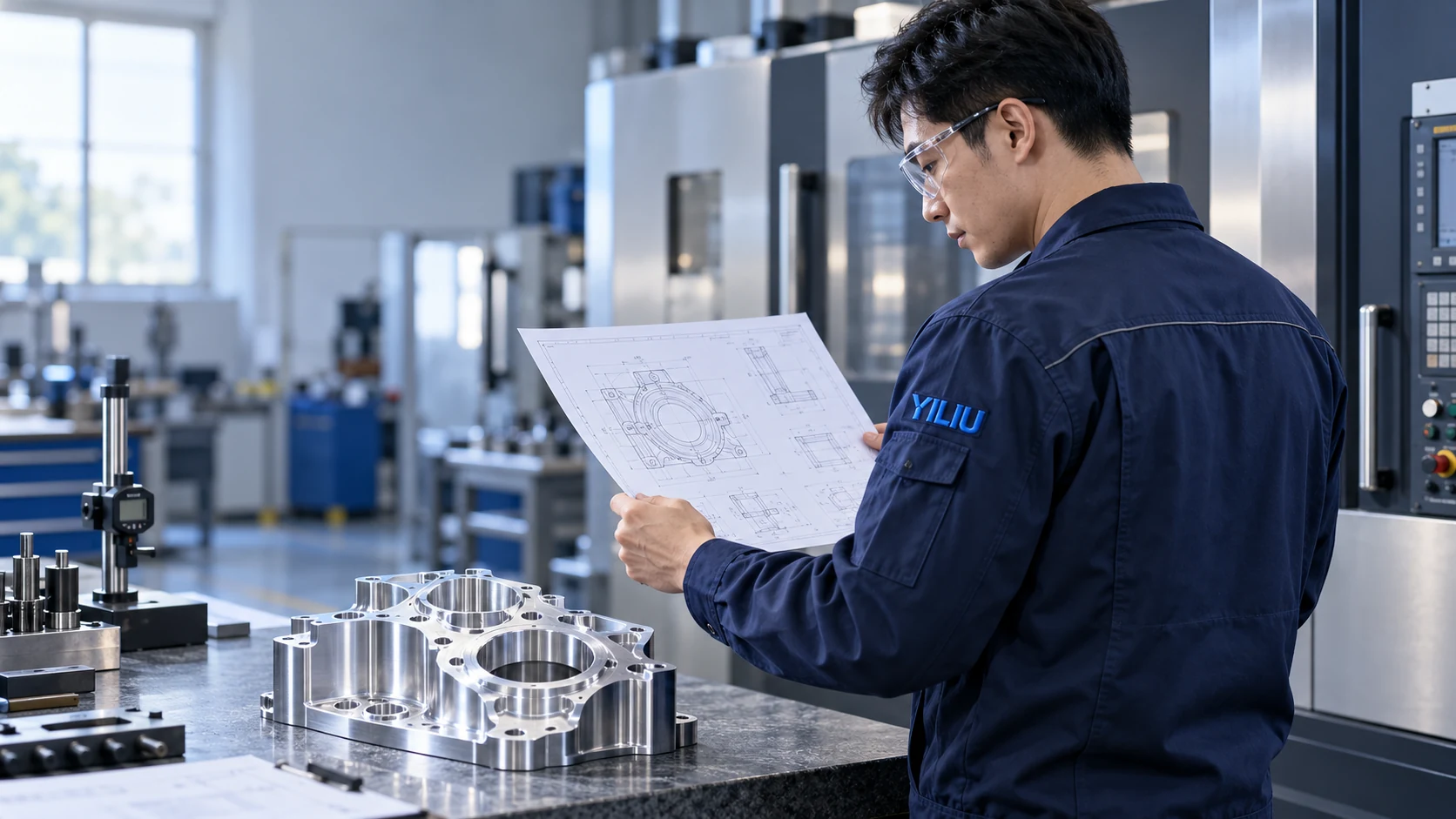 身着 YILIU 标识工服的工程师评审图纸,品牌场景示意