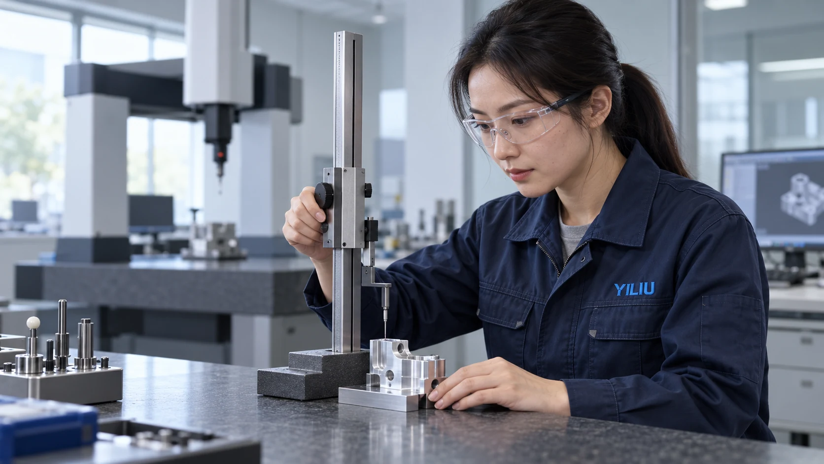 身着 YILIU 标识工服的检验人员测量零件，品牌场景示意